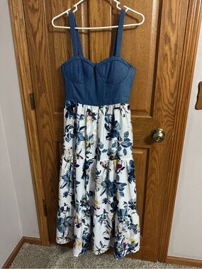 Blue Denim Bodice White Floral Tiered Sundress